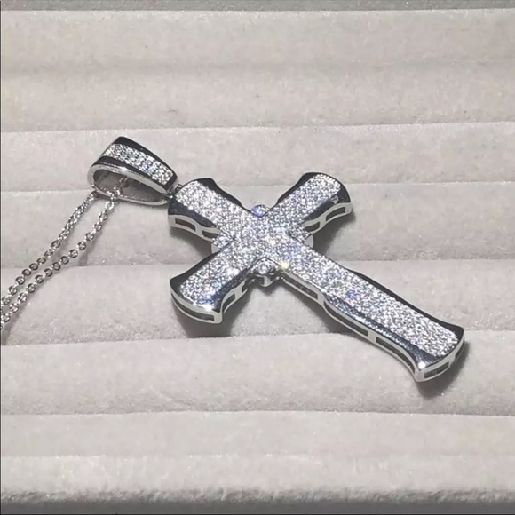New Luxury 925 Silver Cross Men Women Diamond Necklace - Picture 14 of 16